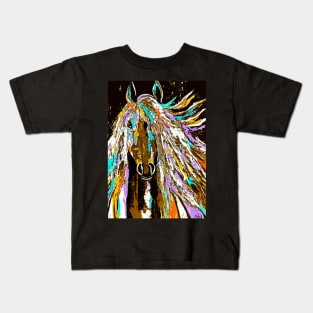 Horse Abstract Brown Blue Gold Kids T-Shirt